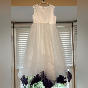 White Flower Girl Dress with purple flower petals